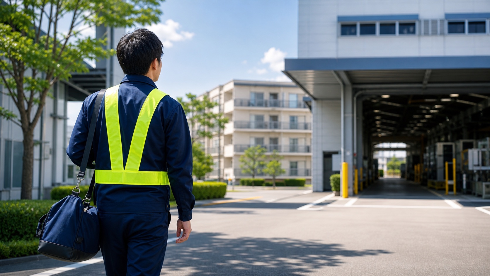 工場勤務の初日に職場へ向かう様子