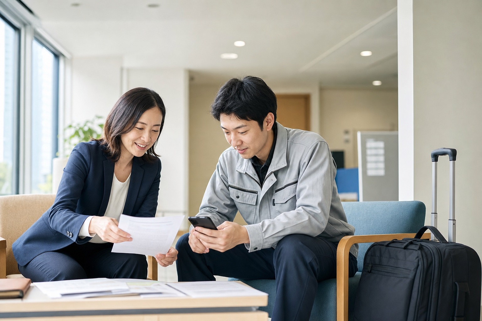 担当者と勤務開始前の準備を確認している様子